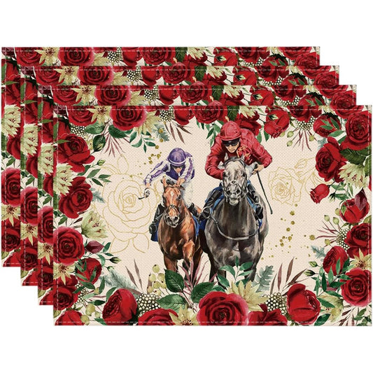 UNITEDSTA 6 Pack Place Mats for Kentucky Derby Horse Day, Rose-Edge Horses Race Theme, White, Red, Green