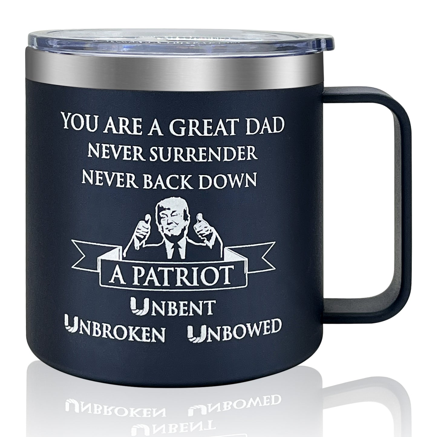 UNITEDSTA NEVER BACK DOWN Trump Mug 14 Oz, Father's Day Gift for Dad from Son and Daughter, Birthday Gift for a 110% Trump supporter, Keep Coffee Cool/Hot, Elon Musk's recommendation, Dark MAGA, Fight, Fight, Fight!