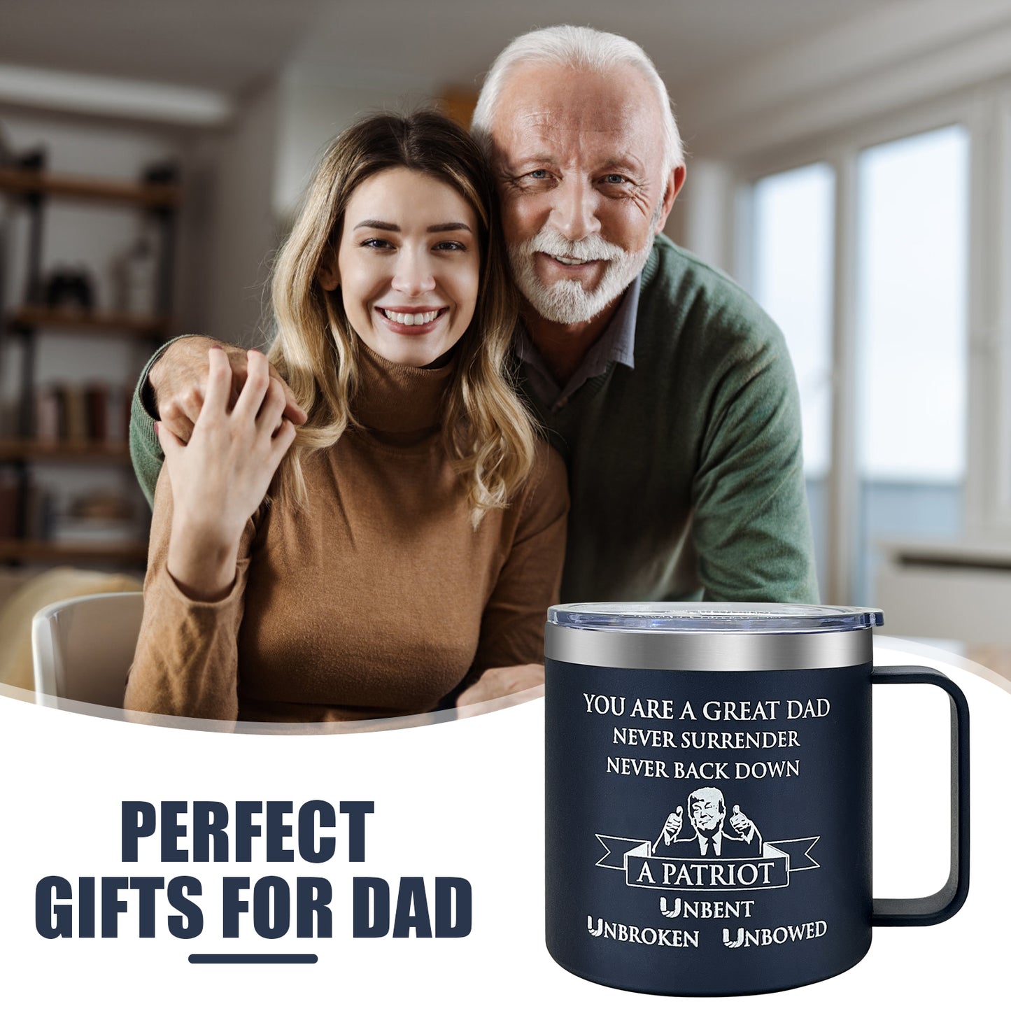 UNITEDSTA NEVER BACK DOWN Trump Mug 14 Oz, Father's Day Gift for Dad from Son and Daughter, Birthday Gift for a 110% Trump supporter, Keep Coffee Cool/Hot, Elon Musk's recommendation, Dark MAGA, Fight, Fight, Fight!