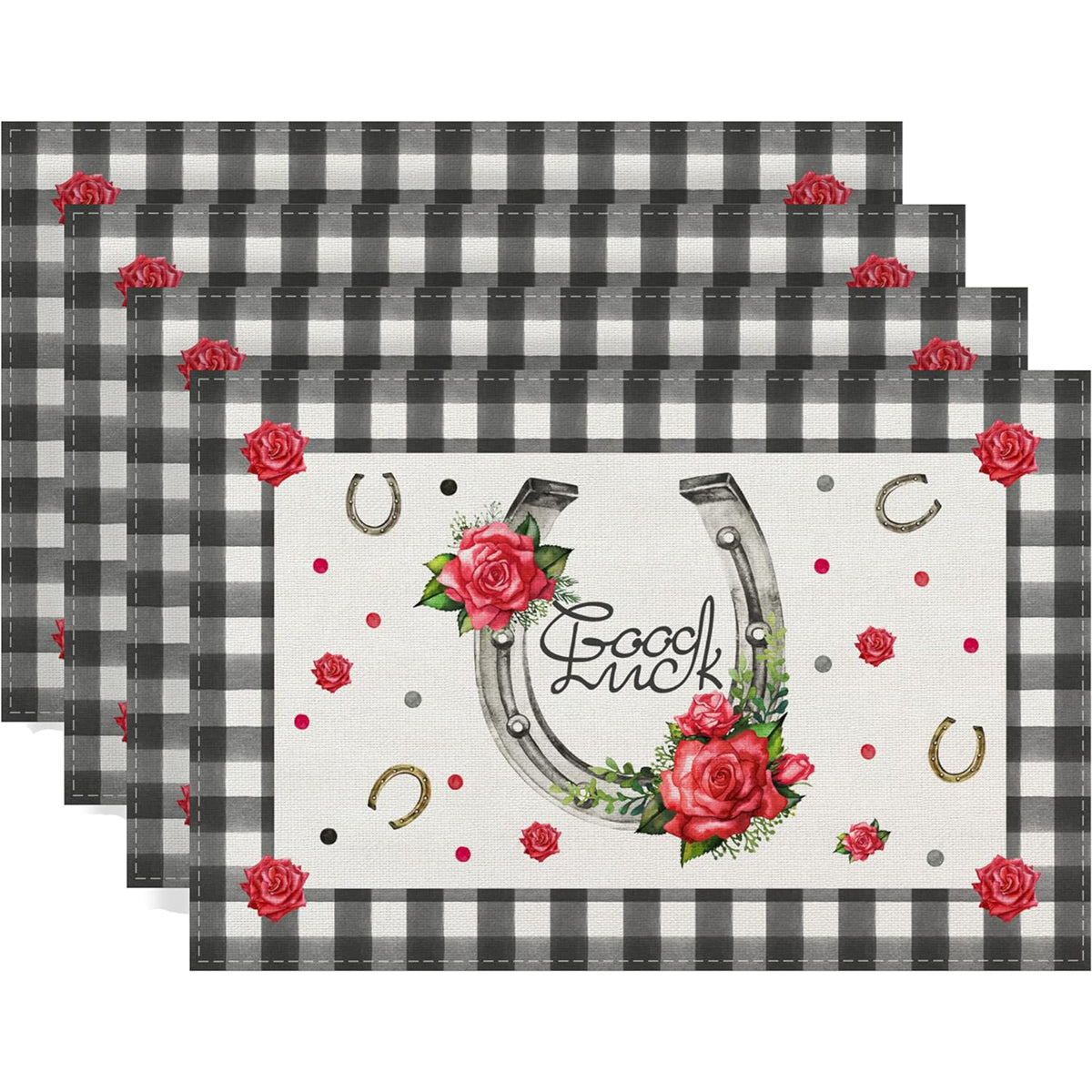 UNITEDSTA Horseshoe Rose Kentucky Horse Derby Placemats Set of 4 Festival Race Rustic 12 x 18" for Kitchen Home Dining Table Decoration Supplies, Large, White, Red, Green