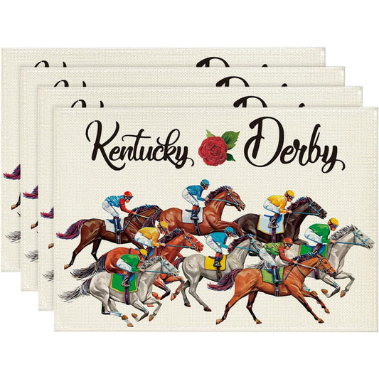 UNITEDSTA Horse Racing Decor Set of 4 Placemats for Kentucky Horse Racing Party Dining Kitchen Decorations and Supplies Indoor Outdoor Festival 12x18"