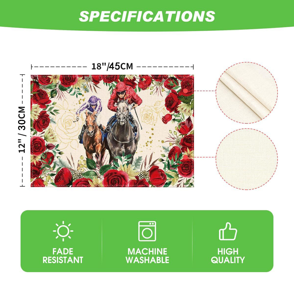 UNITEDSTA Horse Racing Roses Race decors set of 4 Placemats for Kentucky Derby Party Dining Kitchen decors and Party Supplies Festival 12x18"