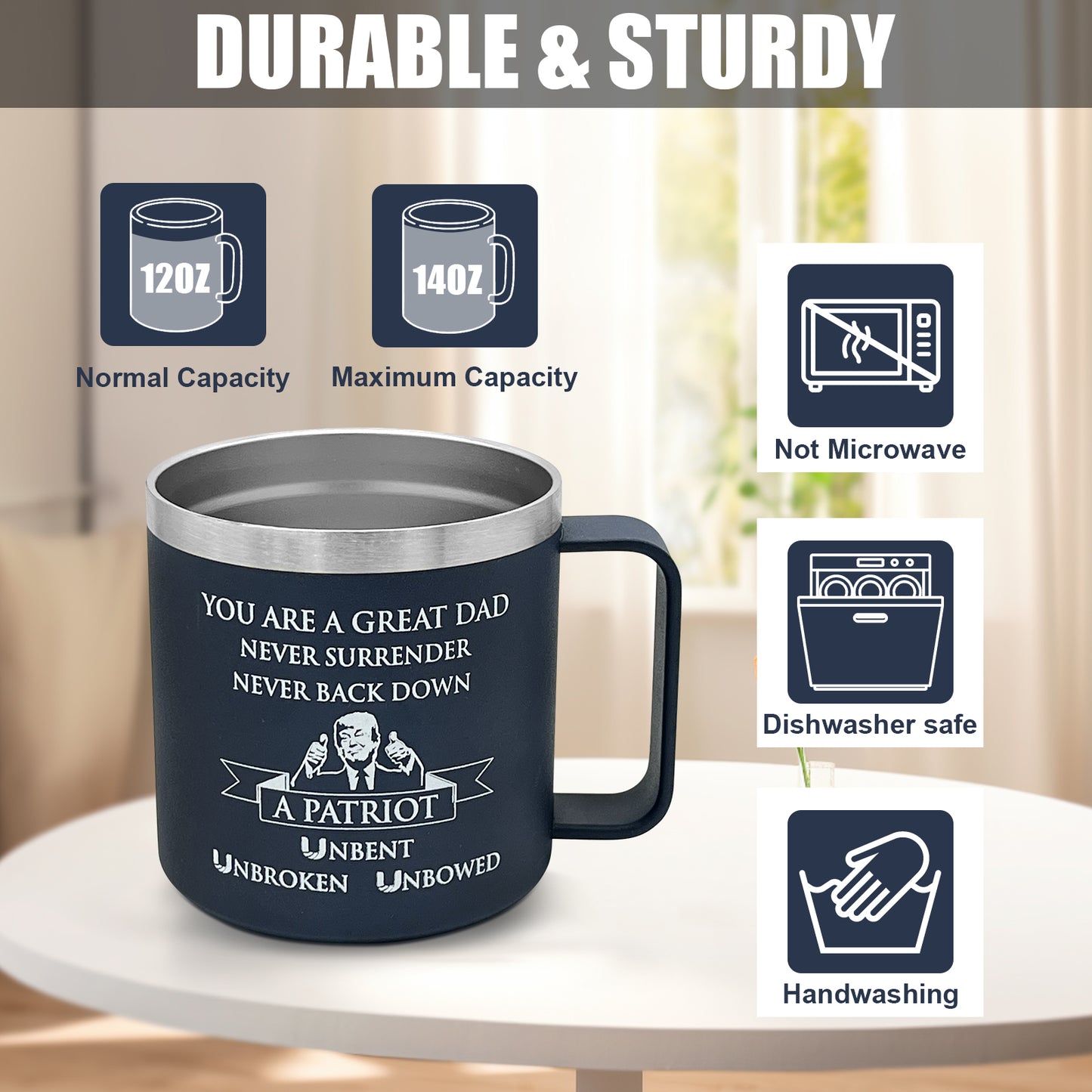 UNITEDSTA NEVER BACK DOWN Trump Mug 14 Oz, Father's Day Gift for Dad from Son and Daughter, Birthday Gift for a 110% Trump supporter, Keep Coffee Cool/Hot, Elon Musk's recommendation, Dark MAGA, Fight, Fight, Fight!